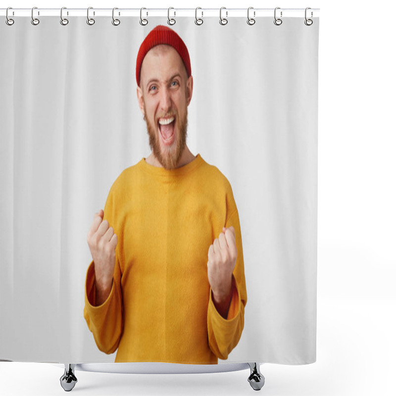 Personality  Young Guy Feels Like A Winner, Clenched Fists For Joy, Looks Unbelievably Gladden. Happy Bearded Man Celebrating With His Fists Up. Success Happy Emotion Expression Concept Shower Curtains