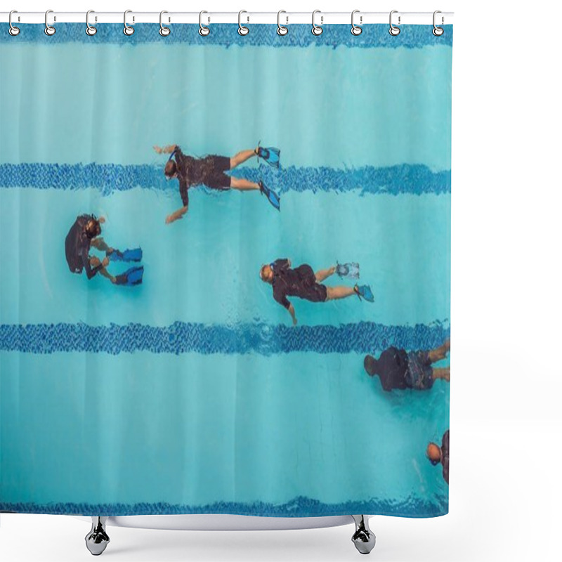 Personality  Diving Instructor And Students. Instructor Teaches Students To Dive. Shower Curtains
