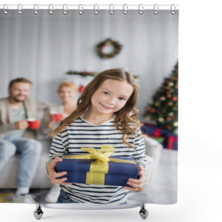 Personality  Kid Holding New Year Gift Near Blurred Family At Home  Shower Curtains