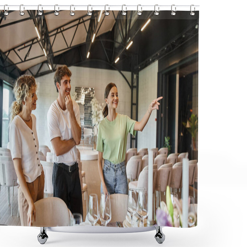 Personality  Happy Event Manager Pointing With Finger Near Team Of Decorators And Festive Table In Event Hall Shower Curtains