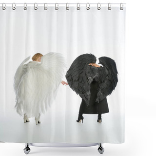 Personality  Back View Of Women In Costumes Of Devil And Angel With Black And Light Wings Holding Hands On White Shower Curtains
