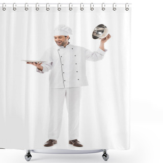 Personality  Happy Young Chef Taking Of Serving Dome From Plate Isolated On White Shower Curtains