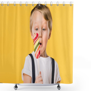 Personality  Selective Focus Of Adorable Little Boy With Lollipop In Hand Isolated On Yellow Shower Curtains