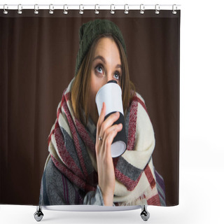 Personality  Woman Drinking From Thermos Cup Shower Curtains