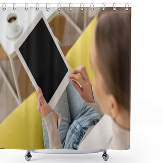 Personality  Overhead View Of Woman Using Digital Tablet With Blank Screen On Couch Shower Curtains