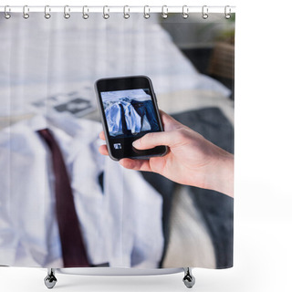 Personality  Partial View Of Man Taking Photo Of Suite On Bedding With Smartphone Shower Curtains