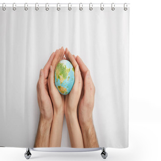 Personality  Top View Of Man And Woman Holding Planet Model On Grey Background, Earth Day Concept Shower Curtains