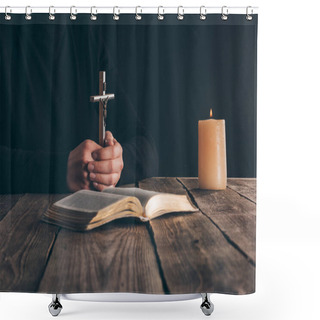Personality  Cropped Image Of Christian Sitting With Cross In Hands Shower Curtains