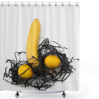 Personality  Banana And Two Lemons, Symbol Of Phallus, Flat Lay Shower Curtains