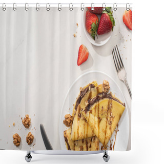 Personality  Top View Of Tasty Crepes With Chocolate Spread And Walnuts On Plate Near Bowl With Strawberries And Cutlery On Grey Background Shower Curtains
