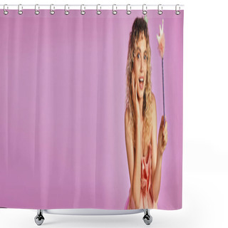 Personality  Slightly Shocked Joyful Woman In Tooth Fairy Costume Holding Magic Wand On Pink Backdrop, Banner Shower Curtains