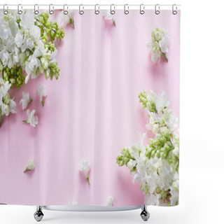 Personality  White Lilac  Flowers On Pink Background.  Creative Layout , Spring Template . Spring Background With Empty Space For Mother's Day, Women's Day, 8 March, Birthday, Easter, Wedding Invitation, Greeting Card, Mock Up, Top View Shower Curtains