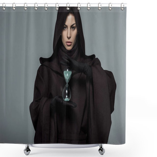 Personality  Front View Of Woman In Death Costume Holding Sand Clock Isolated On Grey Shower Curtains