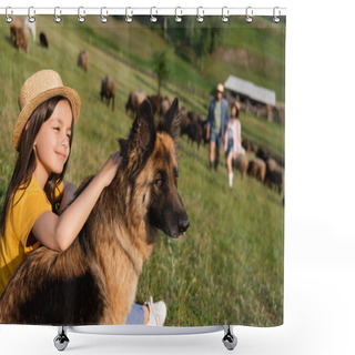 Personality  Happy Girl In Straw Hat Petting Cattle Dog Near Blurred Parents In Green Meadow Shower Curtains