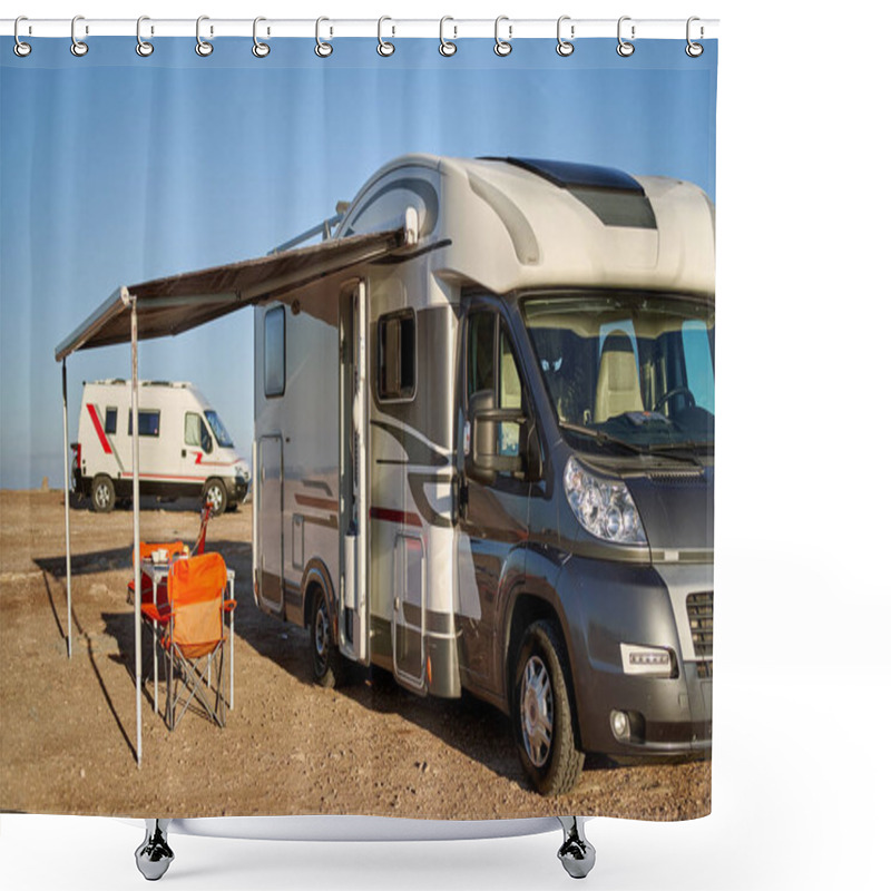 Personality  Empty Folding Chairs And Table Under Canopy Near New Modern Recreational Vehicle Camper Trailer. Adventure, Active People Traveling By Motor Home Concept Shower Curtains
