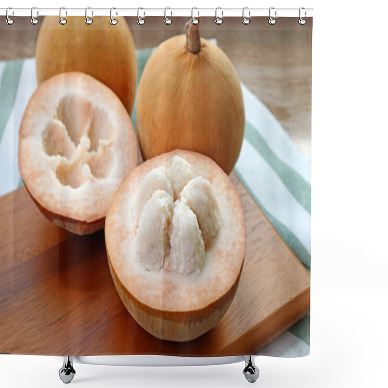 Personality  Closeup an Opened Sweet and Sour Fresh Ripe Cotton Fruit or Santol Fruit shower curtains