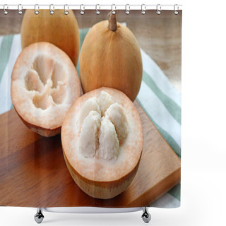 Personality  Closeup An Opened Sweet And Sour Fresh Ripe Cotton Fruit Or Santol Fruit Shower Curtains