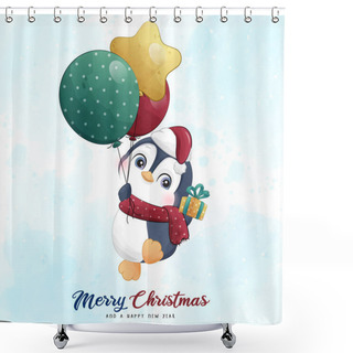Personality  Adorable Penguin Christmas With Watercolor Illustration Shower Curtains