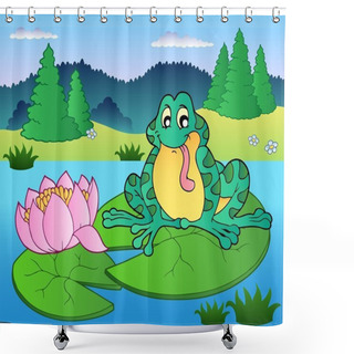 Personality  Cute Frog Sitting On Water Lily - Vector Illustration. Shower Curtains