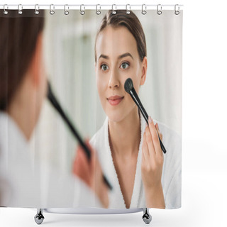 Personality  Smiling Young Woman Looking At Mirror And Applying Makeup In Bathroom Shower Curtains