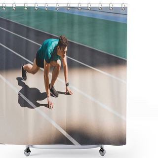 Personality  Mixed Race Sportsman On Start Position At Stadium  Shower Curtains