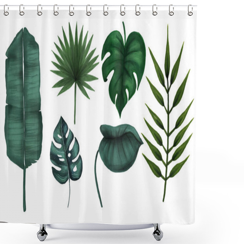 Personality  Set Of Hand Drawing Dark Green Tropical Leaves On White Background. Shower Curtains