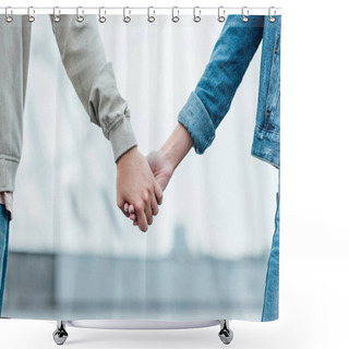 Personality  Cropped Shot Of Couple Holding Hands On Street On Cloudy Day Shower Curtains