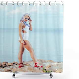 Personality  Beautiful Woman Posing In White Vintage Swimsuit, Sunglasses And Silk Scarf On Shore Shower Curtains