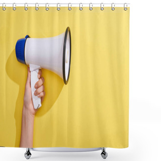 Personality  Cropped View Of Woman Holding Loudspeaker On Yellow Background  Shower Curtains