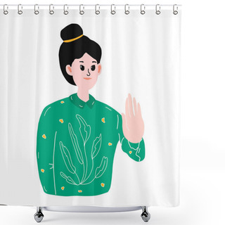 Personality  The Young Girl Held Out Her Hand, Indicating The Area Of Her Personal Border.the Concept Of Social Distance, Personal Space.vector Illustration In Flat Style.for Socialmedia Banners, Web Design, App. Shower Curtains