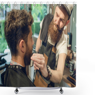 Personality  Close-up Side View Of A Handsome Redhead Young Man Sitting On The Chair Of A Trendy Barbershop For Trimming And Styling His Beard Shower Curtains