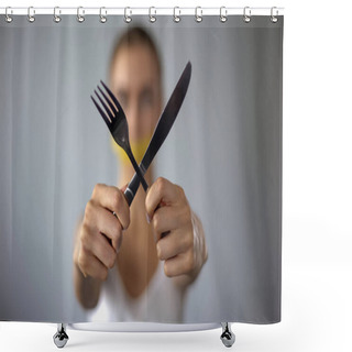 Personality  Woman Crossing Fork And Knife, Mouth Closed With Tape, Self-restriction In Food Shower Curtains