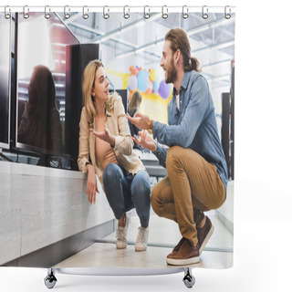 Personality  Smiling Boyfriend And Girlfriend Pointing With Hands At New Tv And Talking In Home Appliance Store  Shower Curtains
