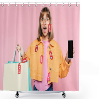 Personality  Shocked Woman In Sunglasses And Price Tags On Jacket Showing Smartphone And Colorful Shopping Bags On Pink Background Shower Curtains