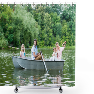 Personality  Smiling Young Family Spending Time Together In Boat On Lake At Park Shower Curtains