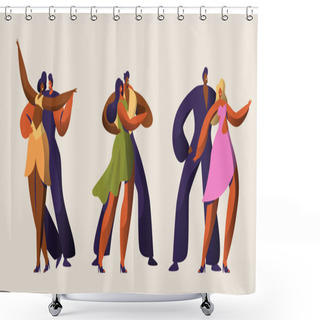 Personality  Slasa Party Dancer Couple Character Set. Passion Cuba Mambo Dance. Latin Man Woman Tango And Rumba Style Master. Passion Vintage Samba People Group In Vintage Costume Flat Cartoon Vector Illustration Shower Curtains