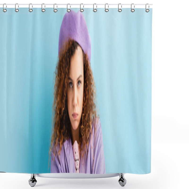 Personality  Displeased Woman In Beret Puffing Cheeks On Blue, Banner Shower Curtains