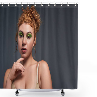 Personality  Portrait Of Young Redhead And Curvy Woman In Beige Lingerie Looking At Camera On Dark Grey Backdrop Shower Curtains