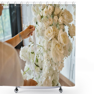 Personality  Cropped View Of Florist With Ribbon Near White Floral Composition In Event Hall, Banquet Decoration Shower Curtains