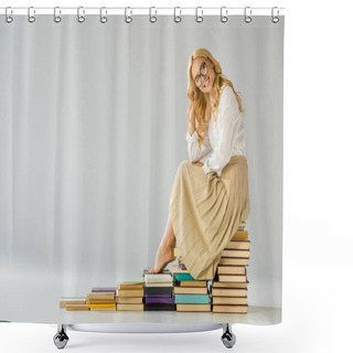 Personality  Happy Barefoot Woman In Glasses Sitting On Steps Made Of Books   Shower Curtains