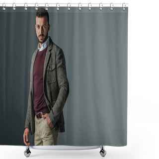 Personality  Handsome Bearded Man Posing In Autumn Tweed Jacket, Isolated On Grey Shower Curtains