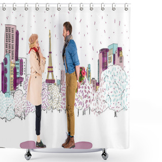 Personality  Surprised Woman Looking At Man With Bouquet Of Flowers Behind Back On Paris Illustration On Background Shower Curtains