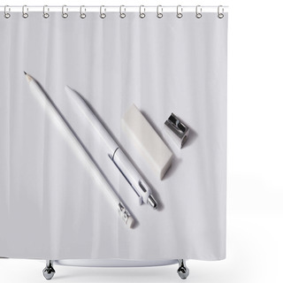 Personality  Close-up Shot Of Pen With Pencil, Eraser And Sharpener In Row On White Surface For Mockup Shower Curtains