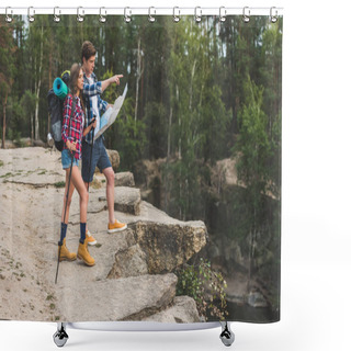 Personality  Couple Of Hikers With Map Shower Curtains