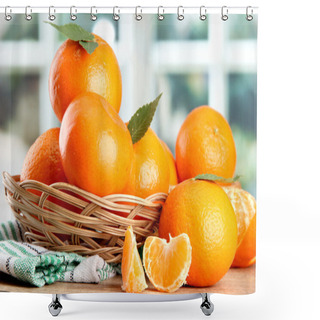 Personality  Tangerines With Leaves In A Beautiful Basket, On Wooden Table On Window Background Shower Curtains