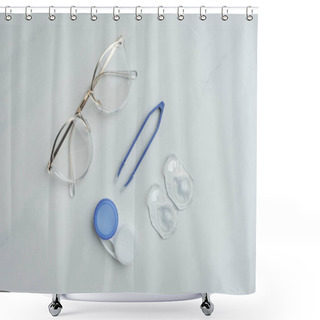 Personality  Flat Lay With Eyeglasses, Contact Lenses Containers And Tweezers Arranged On White Surface Shower Curtains