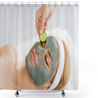 Personality  Beautician Putting Cucumber Slice On Eye Of Woman In Clay Mask Shower Curtains