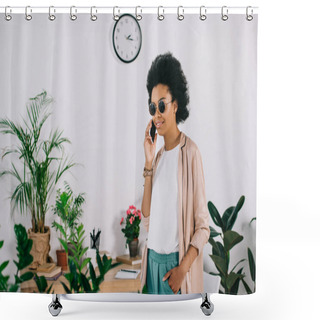 Personality  Smiling Attractive African American Businesswoman Talking By Smartphone In Office Shower Curtains