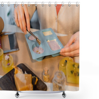 Personality  Cropped View Of Craftswoman Pouring Saffron On Soap In Silicone Mold On Craft Paper On Table Shower Curtains