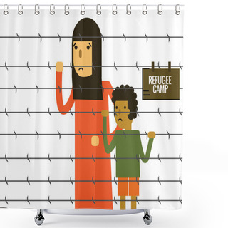 Personality  Woman And Child Holding Barbed Wire At Refugee Camp. Shower Curtains